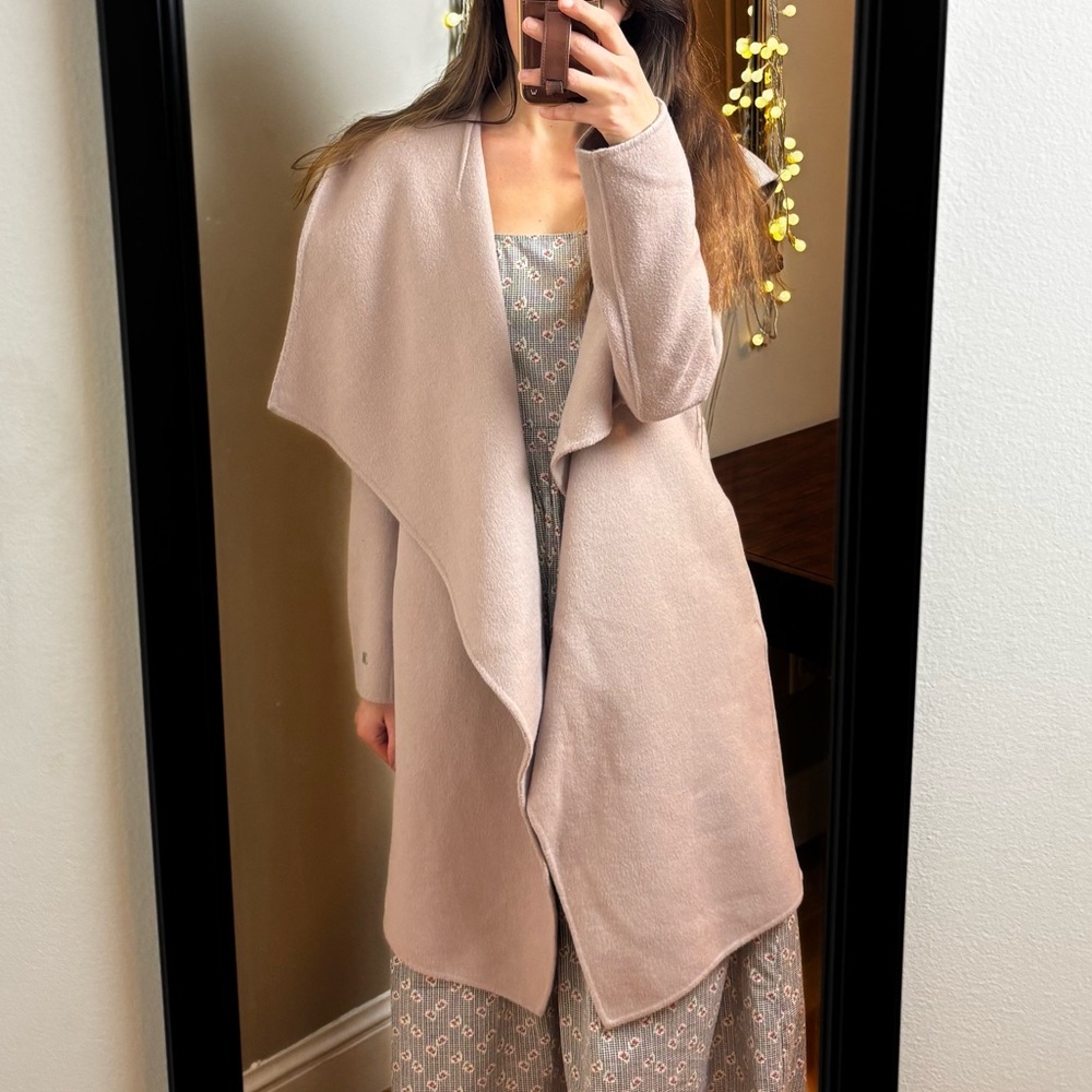 Soia & Kyo Women's hooded camel tan shawl collar long wool coat size SP